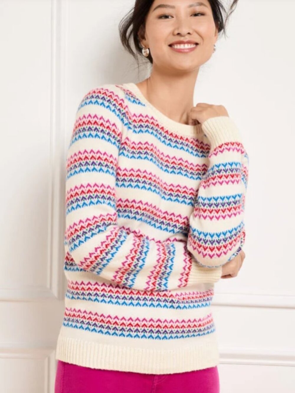 Talbots Fair Isle Crewneck Sweater in Wave Jacquard Ski Apres Preppy Cabin Sz L